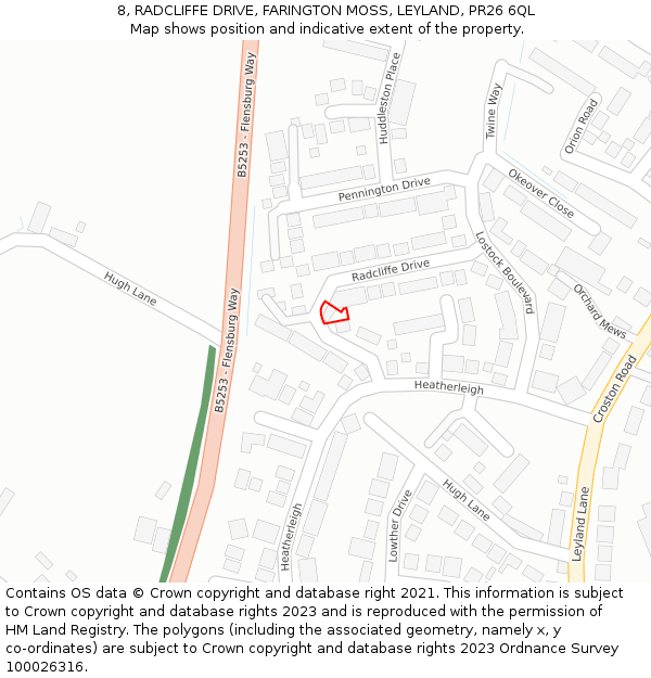8, RADCLIFFE DRIVE, FARINGTON MOSS, LEYLAND, PR26 6QL: Location map and indicative extent of plot
