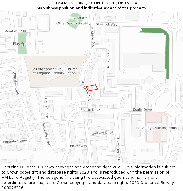 8, REDSHANK DRIVE, SCUNTHORPE, DN16 3FX: Location map and indicative extent of plot