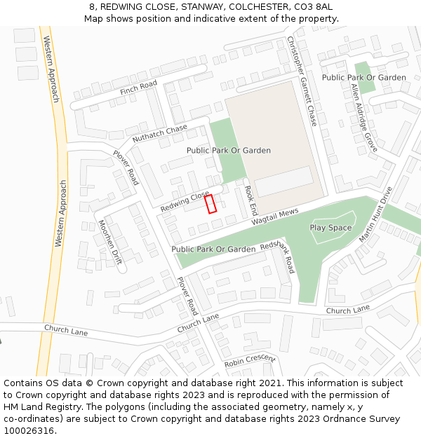 8, REDWING CLOSE, STANWAY, COLCHESTER, CO3 8AL: Location map and indicative extent of plot