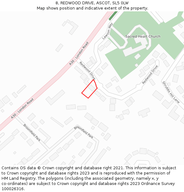 8, REDWOOD DRIVE, ASCOT, SL5 0LW: Location map and indicative extent of plot