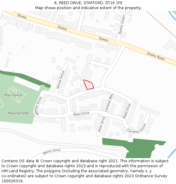 8, REED DRIVE, STAFFORD, ST16 1FE: Location map and indicative extent of plot