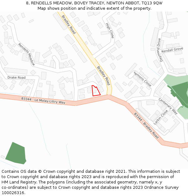8, RENDELLS MEADOW, BOVEY TRACEY, NEWTON ABBOT, TQ13 9QW: Location map and indicative extent of plot