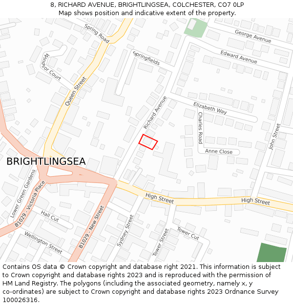 8, RICHARD AVENUE, BRIGHTLINGSEA, COLCHESTER, CO7 0LP: Location map and indicative extent of plot