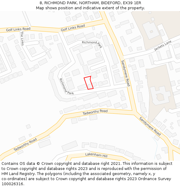 8, RICHMOND PARK, NORTHAM, BIDEFORD, EX39 1ER: Location map and indicative extent of plot