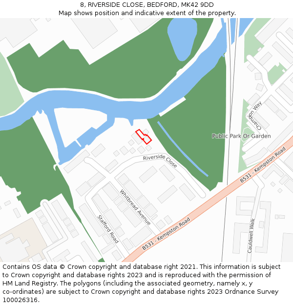 8, RIVERSIDE CLOSE, BEDFORD, MK42 9DD: Location map and indicative extent of plot