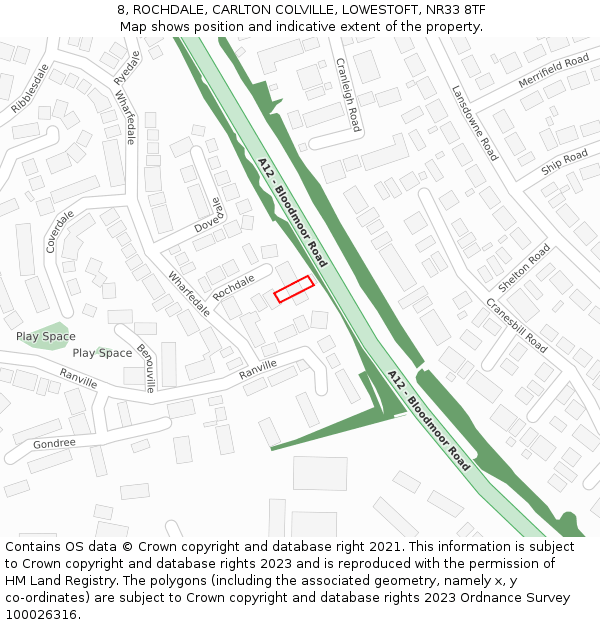 8, ROCHDALE, CARLTON COLVILLE, LOWESTOFT, NR33 8TF: Location map and indicative extent of plot