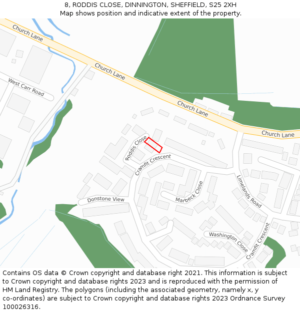 8, RODDIS CLOSE, DINNINGTON, SHEFFIELD, S25 2XH: Location map and indicative extent of plot