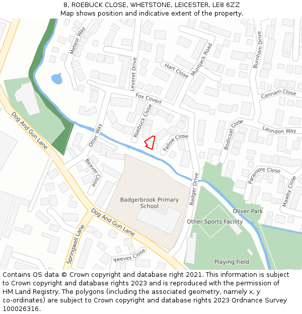8, ROEBUCK CLOSE, WHETSTONE, LEICESTER, LE8 6ZZ: Location map and indicative extent of plot