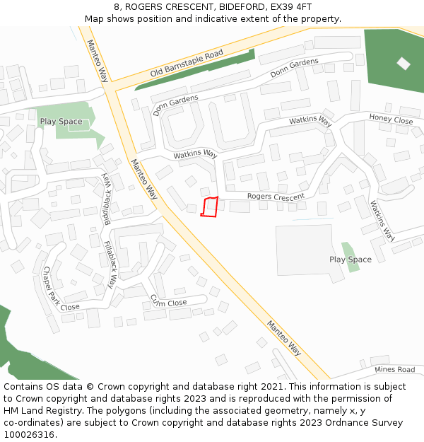 8, ROGERS CRESCENT, BIDEFORD, EX39 4FT: Location map and indicative extent of plot