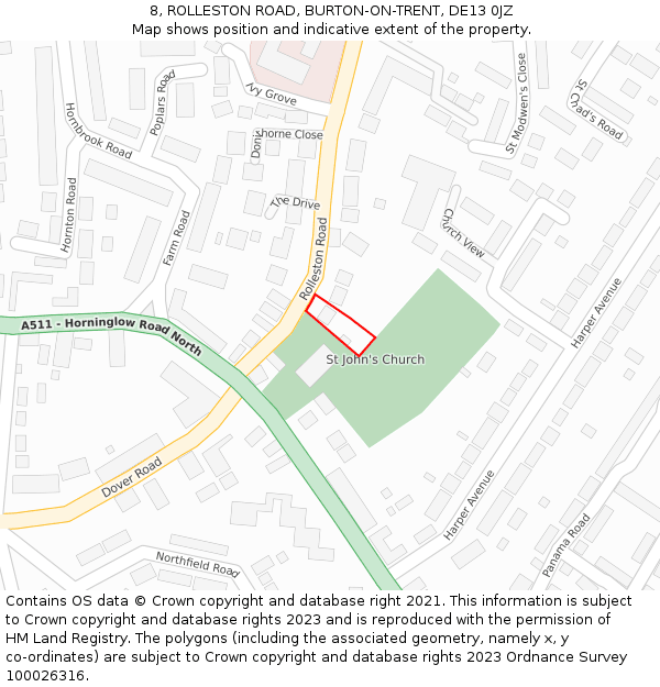 8, ROLLESTON ROAD, BURTON-ON-TRENT, DE13 0JZ: Location map and indicative extent of plot