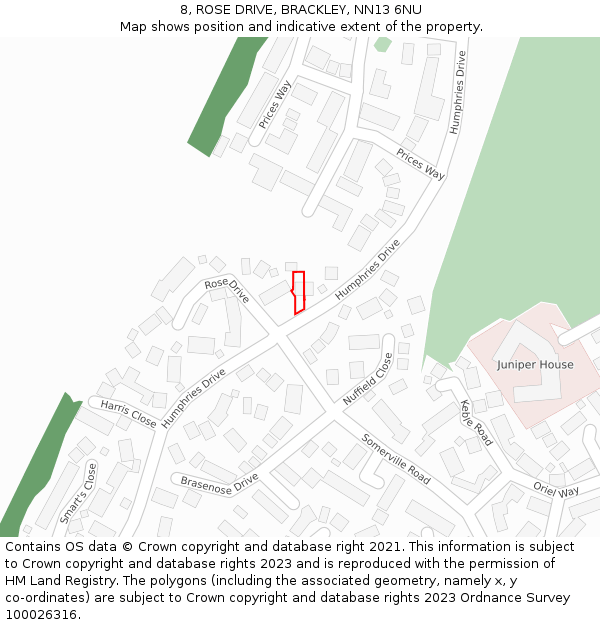 8, ROSE DRIVE, BRACKLEY, NN13 6NU: Location map and indicative extent of plot