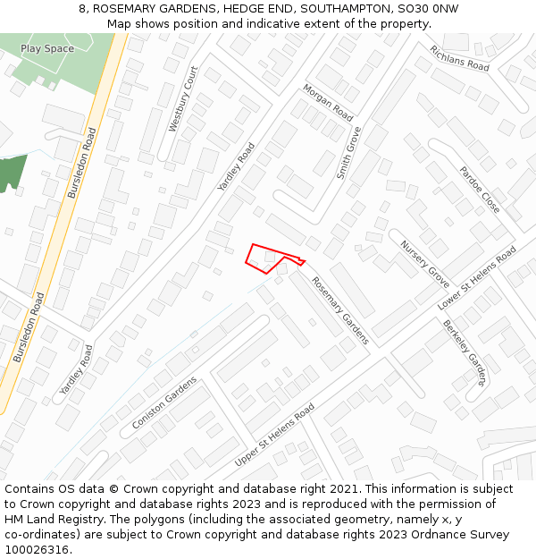 8, ROSEMARY GARDENS, HEDGE END, SOUTHAMPTON, SO30 0NW: Location map and indicative extent of plot