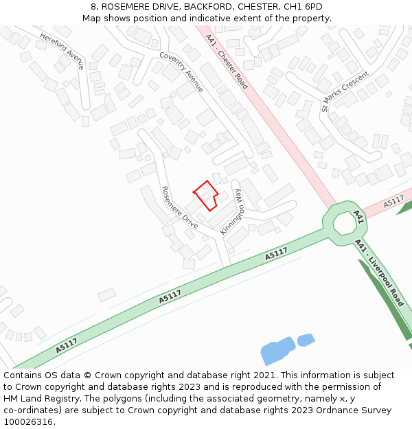 8, ROSEMERE DRIVE, BACKFORD, CHESTER, CH1 6PD: Location map and indicative extent of plot
