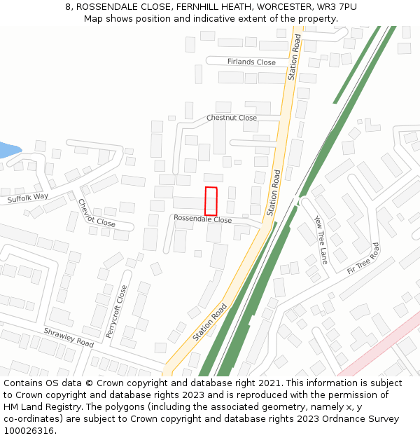 8, ROSSENDALE CLOSE, FERNHILL HEATH, WORCESTER, WR3 7PU: Location map and indicative extent of plot
