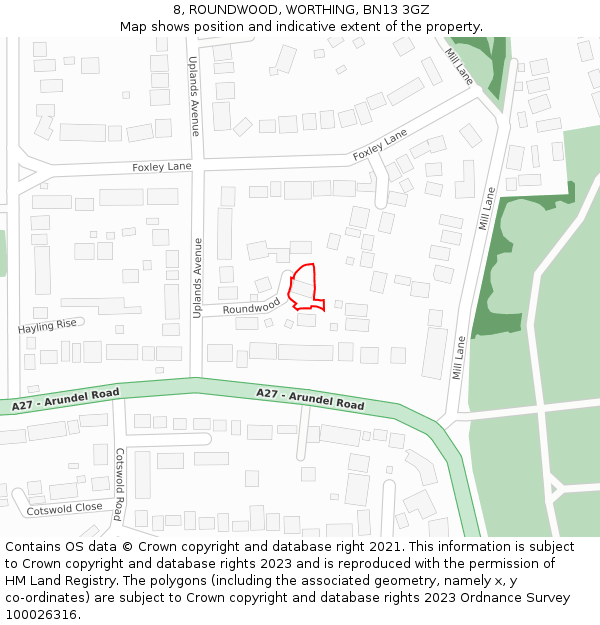 8, ROUNDWOOD, WORTHING, BN13 3GZ: Location map and indicative extent of plot