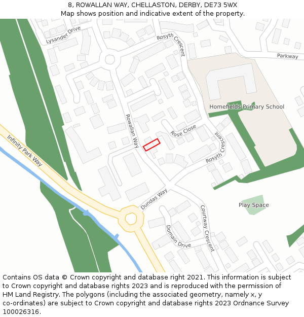 8, ROWALLAN WAY, CHELLASTON, DERBY, DE73 5WX: Location map and indicative extent of plot