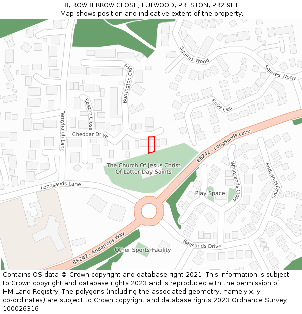8, ROWBERROW CLOSE, FULWOOD, PRESTON, PR2 9HF: Location map and indicative extent of plot