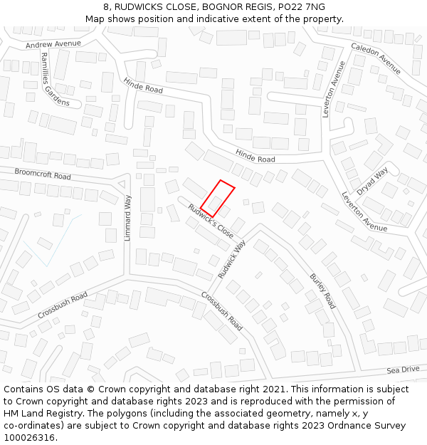 8, RUDWICKS CLOSE, BOGNOR REGIS, PO22 7NG: Location map and indicative extent of plot