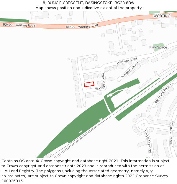 8, RUNCIE CRESCENT, BASINGSTOKE, RG23 8BW: Location map and indicative extent of plot