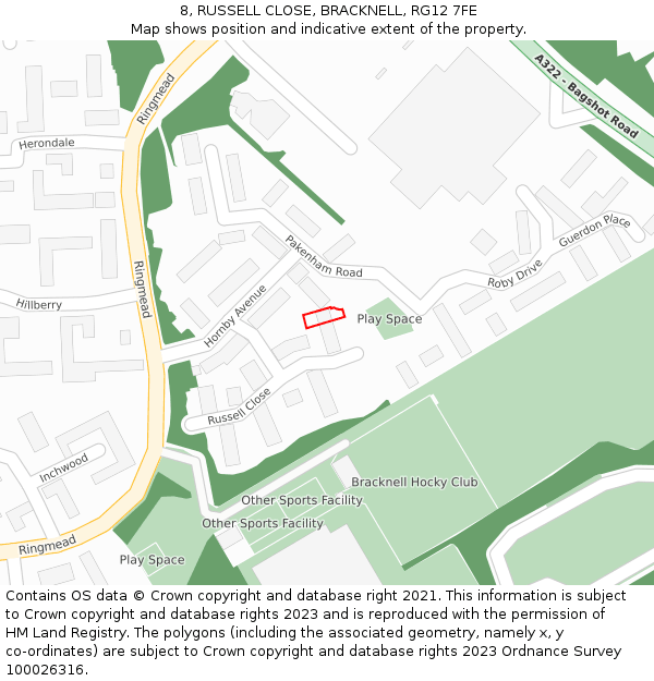 8, RUSSELL CLOSE, BRACKNELL, RG12 7FE: Location map and indicative extent of plot