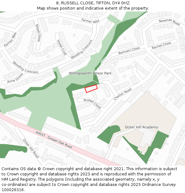 8, RUSSELL CLOSE, TIPTON, DY4 0HZ: Location map and indicative extent of plot