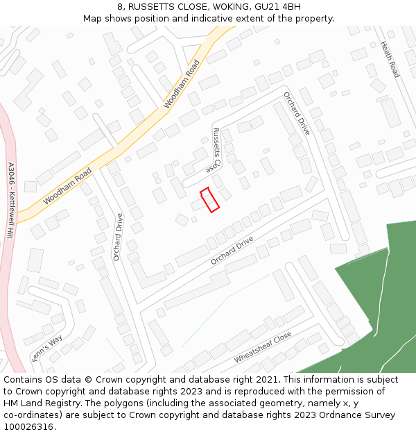 8, RUSSETTS CLOSE, WOKING, GU21 4BH: Location map and indicative extent of plot