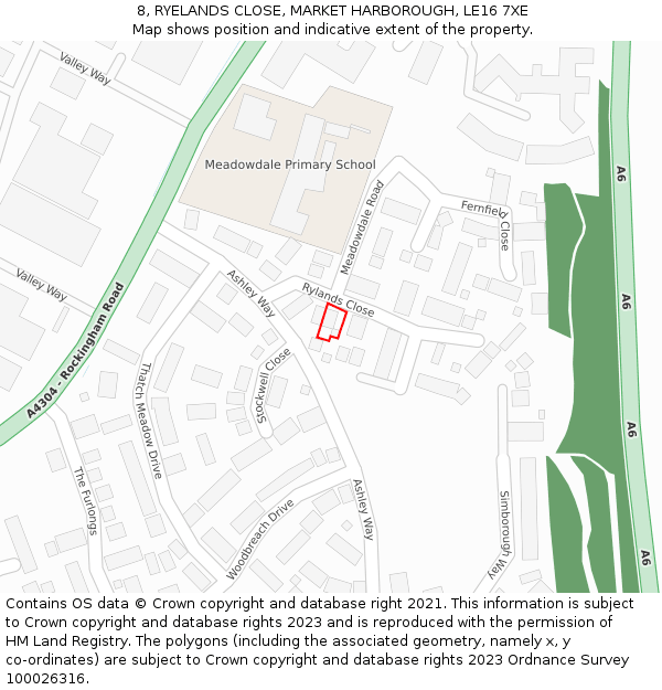 8, RYELANDS CLOSE, MARKET HARBOROUGH, LE16 7XE: Location map and indicative extent of plot