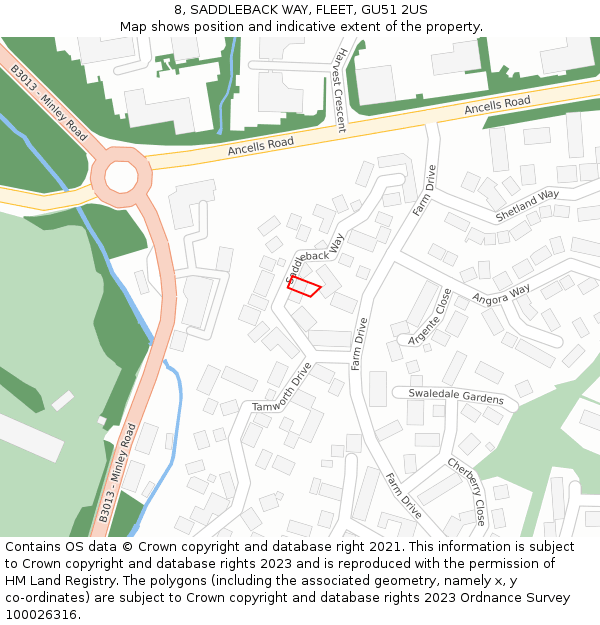 8, SADDLEBACK WAY, FLEET, GU51 2US: Location map and indicative extent of plot