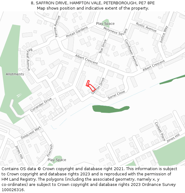 8, SAFFRON DRIVE, HAMPTON VALE, PETERBOROUGH, PE7 8PE: Location map and indicative extent of plot
