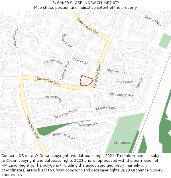 8, SAKER CLOSE, NORWICH, NR7 0TY: Location map and indicative extent of plot