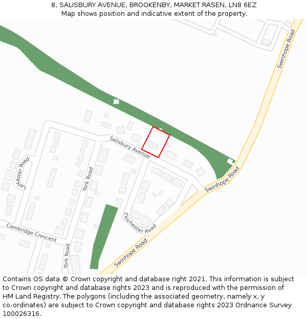 8, SALISBURY AVENUE, BROOKENBY, MARKET RASEN, LN8 6EZ: Location map and indicative extent of plot