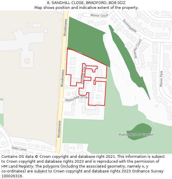 8, SANDHILL CLOSE, BRADFORD, BD8 0DZ: Location map and indicative extent of plot