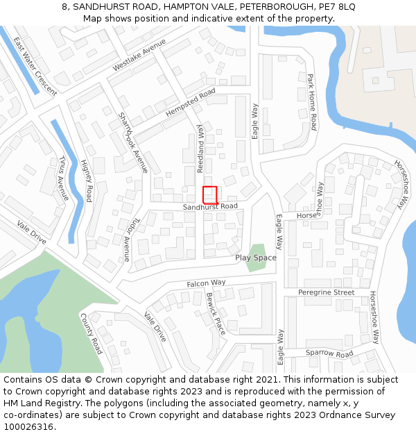 8, SANDHURST ROAD, HAMPTON VALE, PETERBOROUGH, PE7 8LQ: Location map and indicative extent of plot