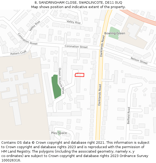 8, SANDRINGHAM CLOSE, SWADLINCOTE, DE11 0UQ: Location map and indicative extent of plot