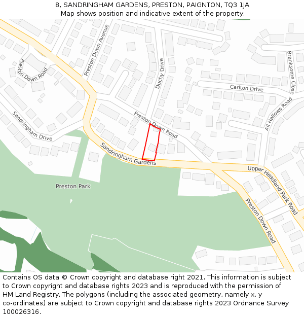 8, SANDRINGHAM GARDENS, PRESTON, PAIGNTON, TQ3 1JA: Location map and indicative extent of plot