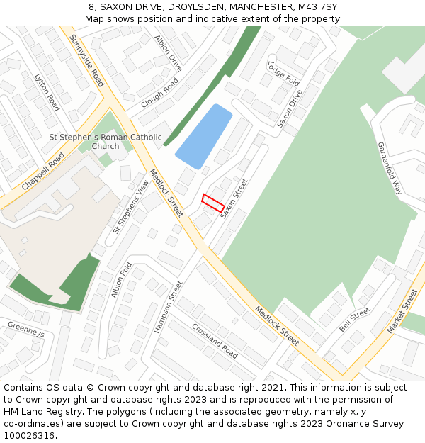 8, SAXON DRIVE, DROYLSDEN, MANCHESTER, M43 7SY: Location map and indicative extent of plot