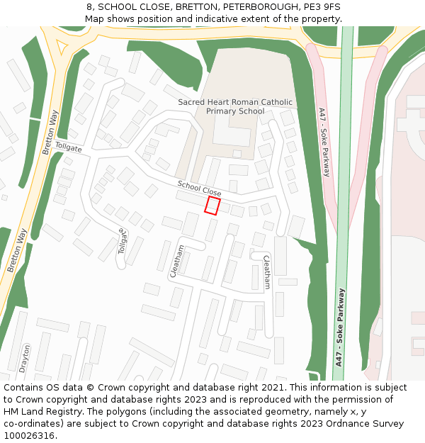 8, SCHOOL CLOSE, BRETTON, PETERBOROUGH, PE3 9FS: Location map and indicative extent of plot