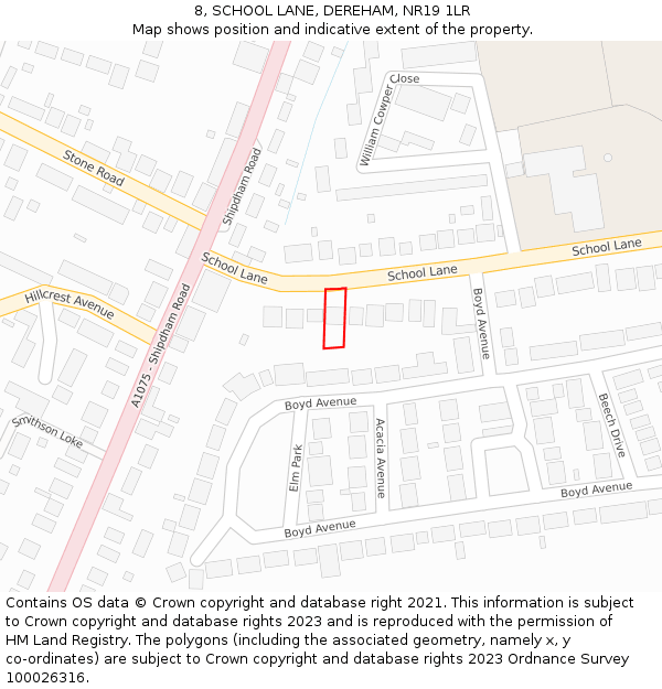 8, SCHOOL LANE, DEREHAM, NR19 1LR: Location map and indicative extent of plot