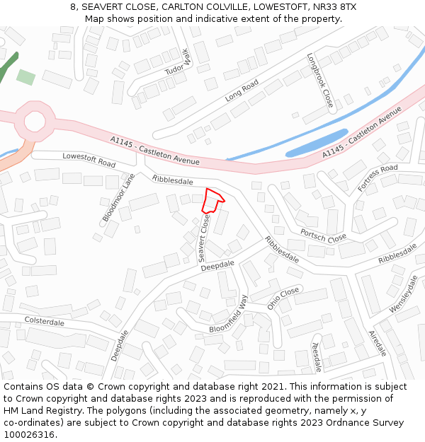 8, SEAVERT CLOSE, CARLTON COLVILLE, LOWESTOFT, NR33 8TX: Location map and indicative extent of plot