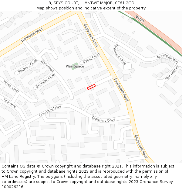8, SEYS COURT, LLANTWIT MAJOR, CF61 2GD: Location map and indicative extent of plot