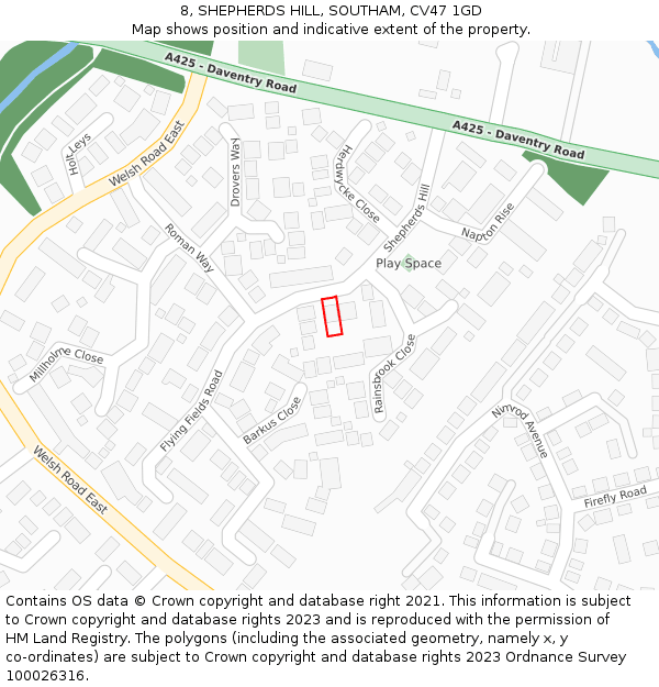 8, SHEPHERDS HILL, SOUTHAM, CV47 1GD: Location map and indicative extent of plot