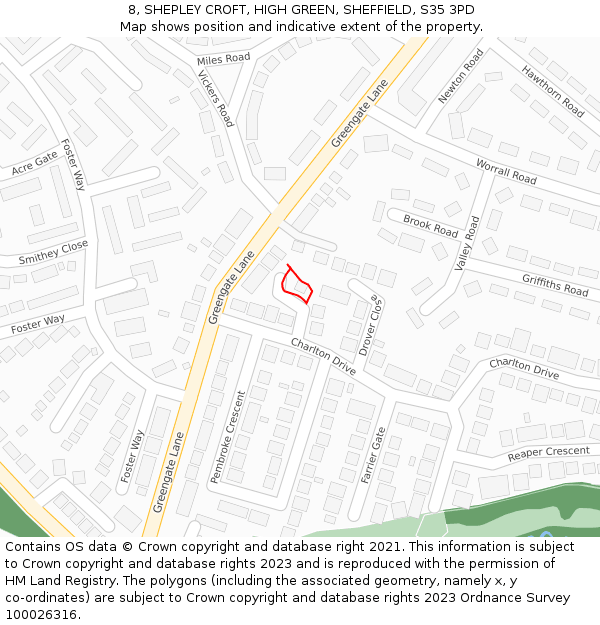8, SHEPLEY CROFT, HIGH GREEN, SHEFFIELD, S35 3PD: Location map and indicative extent of plot