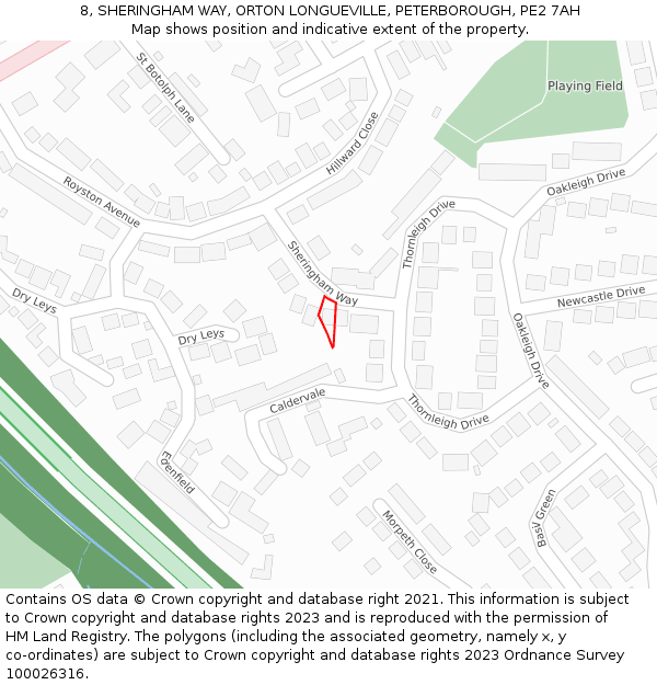 8, SHERINGHAM WAY, ORTON LONGUEVILLE, PETERBOROUGH, PE2 7AH: Location map and indicative extent of plot