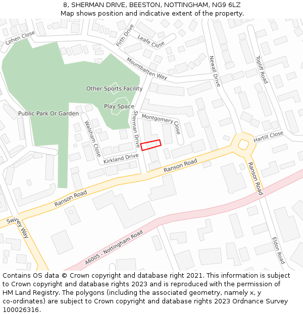 8, SHERMAN DRIVE, BEESTON, NOTTINGHAM, NG9 6LZ: Location map and indicative extent of plot
