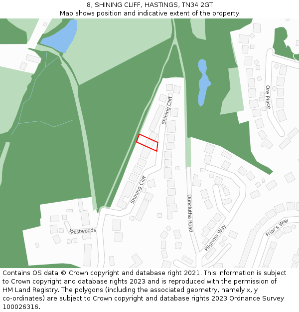 8, SHINING CLIFF, HASTINGS, TN34 2GT: Location map and indicative extent of plot