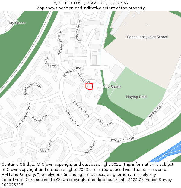 8, SHIRE CLOSE, BAGSHOT, GU19 5RA: Location map and indicative extent of plot