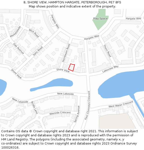 8, SHORE VIEW, HAMPTON HARGATE, PETERBOROUGH, PE7 8FS: Location map and indicative extent of plot