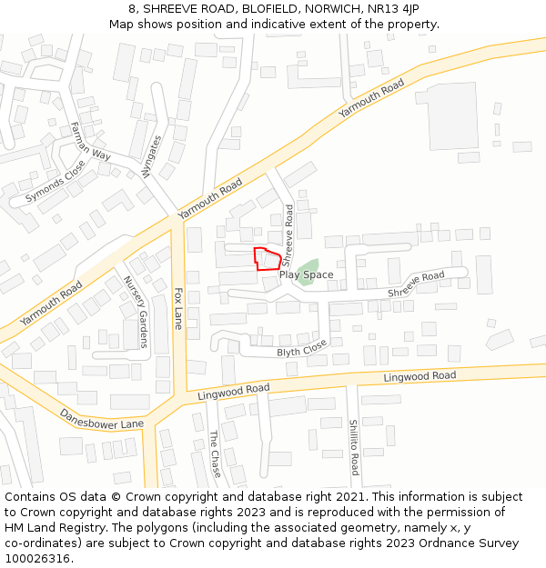8, SHREEVE ROAD, BLOFIELD, NORWICH, NR13 4JP: Location map and indicative extent of plot