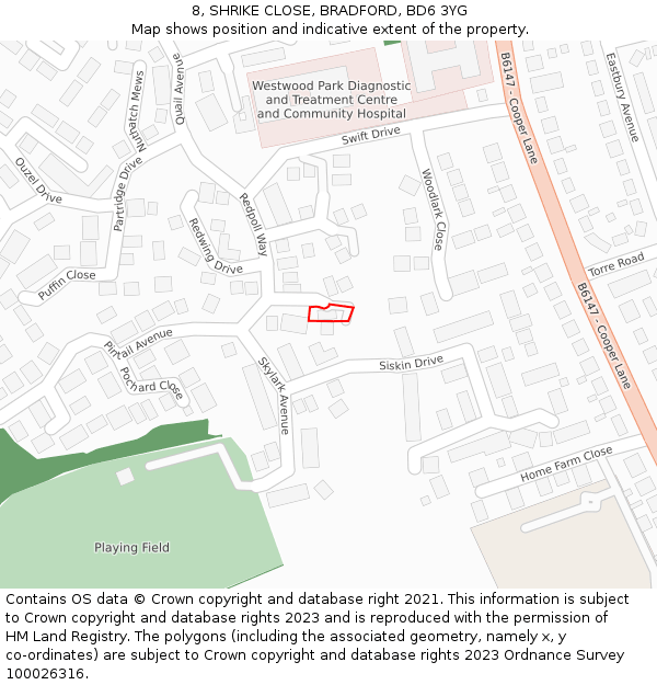 8, SHRIKE CLOSE, BRADFORD, BD6 3YG: Location map and indicative extent of plot