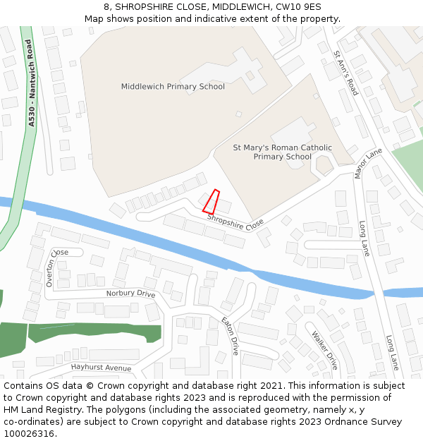 8, SHROPSHIRE CLOSE, MIDDLEWICH, CW10 9ES: Location map and indicative extent of plot